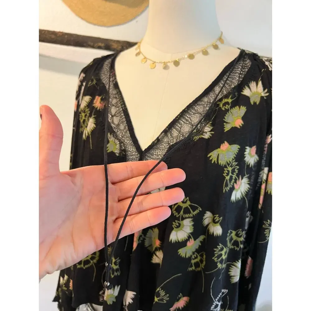 Free People Sleeveless Black Floral Print Tassel Oversized Tank Top Size XS